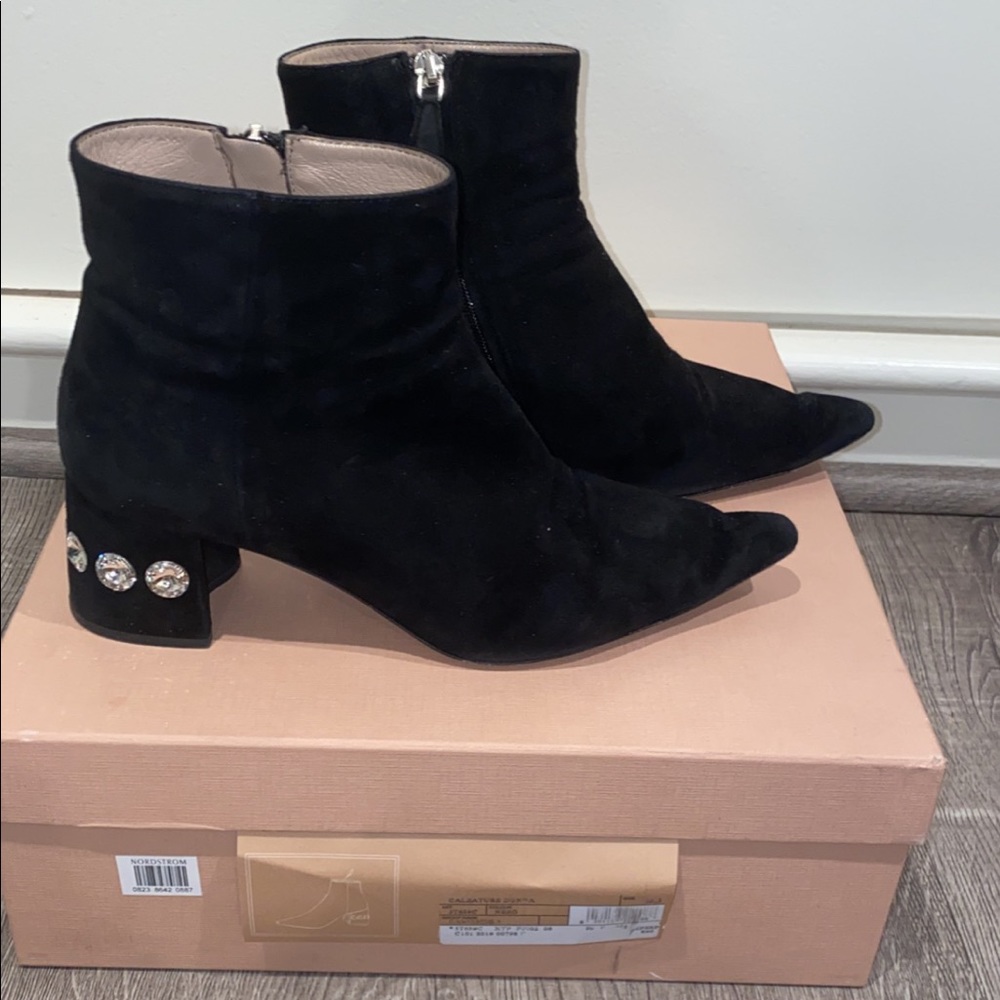 Miu Miu Rocchetto Pointy Toe Suede Bootie